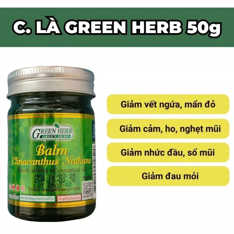 [CHUẨN THÁI] Dầu Cù Là Thơm Xanh Green Herb Balm Clinacanthus Nuthans Giảm Ngứa, Mẫn Đỏ, Đau Nhức Thái Lan 10g 1