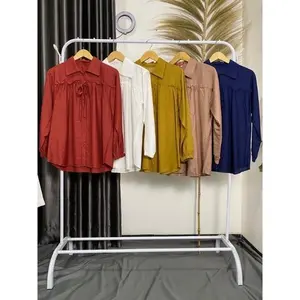 Madina Blouse Polos Polo Linen  Baju Premium Fashion Muslim Kancing  Wanita Outfit Kuliah Terbaru Panjang Atasan Kerah Ruffle Top Casual Dewasa Remaja Katun Pasti Ori