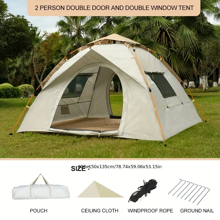 One Piece Double Door Double Window Version Tent Outdoor Camping Portable Folding Big Tent Camping Equipment Tent Large Rain and Moisture Resistant Tent Equipped with Moisture Pad