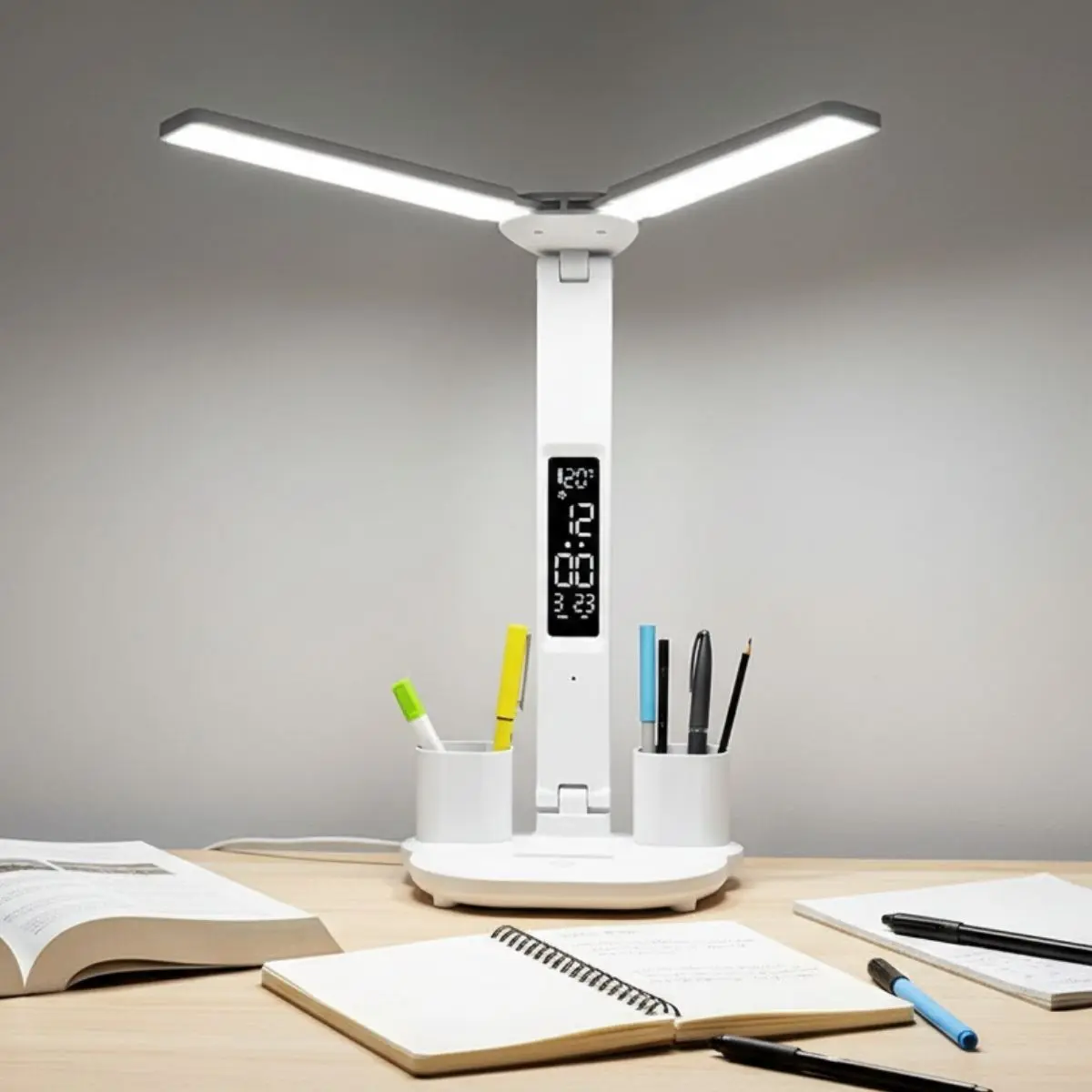 Lampu Meja Belajar LED dengan Jam Digital & Tempat Alat Tulis – Sensor Sentuh & 3 Warna Cahaya