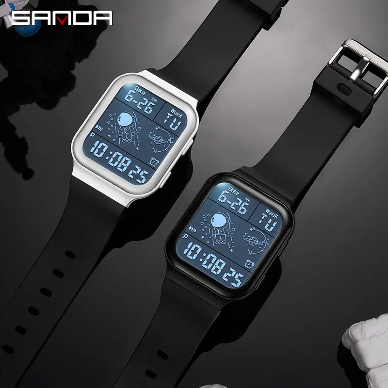 SANDA 6052 Square Electronic Watch Men Fashion Trend Multi functional Countdown Alarm Clock Single Display Men's LED Digital Student Watches