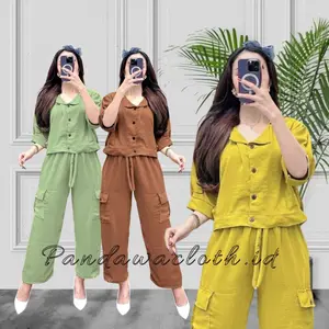 ONE SET SETELAN WANITA BAJU CELANA CARGO CRINKLE AIRFLOW PREMIUM | SETELAN CELANA CARGO | Setelan Wanita Kekinian | Lingkar Dada 110 cm Panjang B Panjang Celana 90 cm 50 cm Lingkar Pinggang 65-110 cm Saku 4 aktif | Bahan Adem Super Nyaman Kasual Atasan