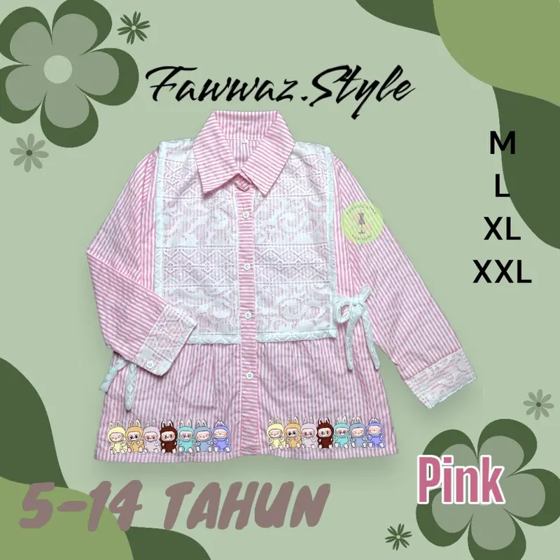 [Bisa COD] Kemeja Blouse Salur Mix Brokat ARUMI LABUBU Anak / Kemeja Salur Brokat Korean Style Anak Perempuan Fashion Viral Pakaian 0
