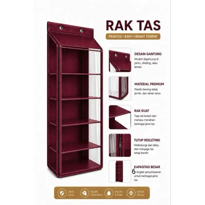 RAK TAS POLOS SUPER JUMBO PREMIUM | RAK JUMBO RAK TAS POLOS 6 SEKAT FULL SELETING / RAK GANTUNG / RAK MULTIFUNGSI