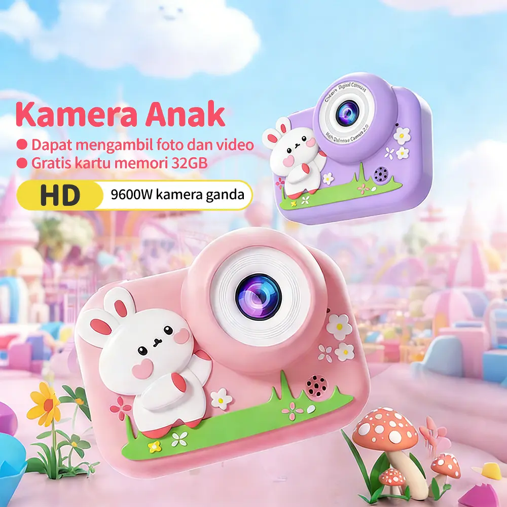 Kamera Anak Bentuk Kelinci - Mainan Foto Imut buat Anak Perempuan - Bisa Foto dan Video Desain Lucu Cocok buat Stimulasi Visual Anak Bisa Selfie dengan Filter Lucu