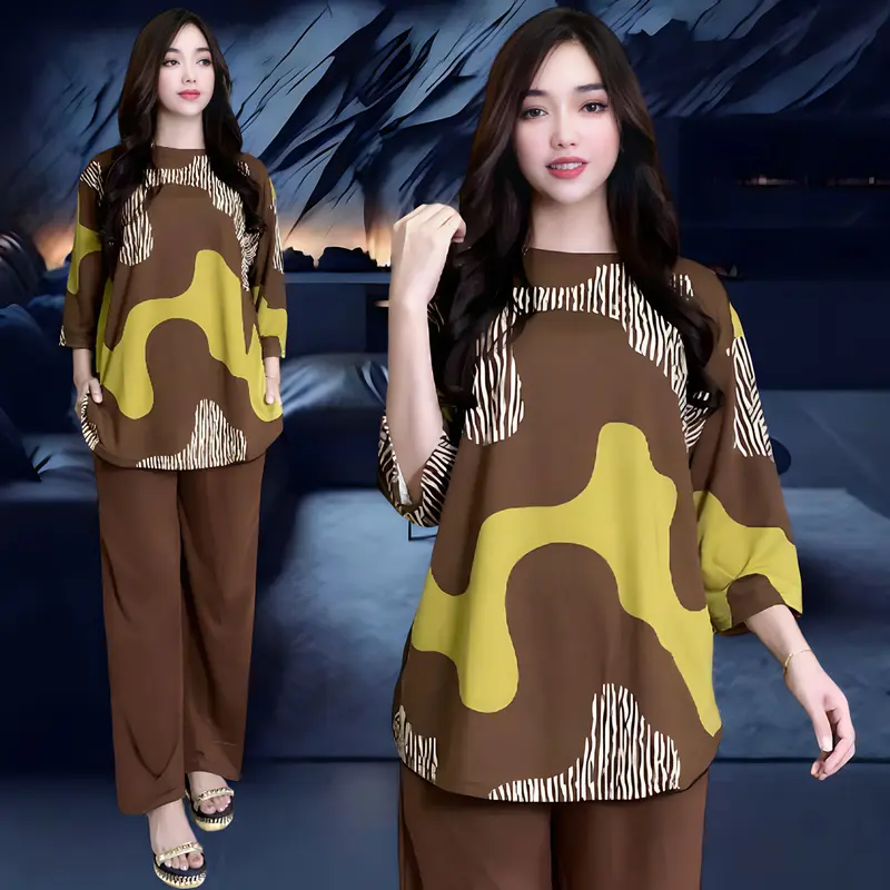 TELSA SETELAN WANITA LD 120 & LD 130 CELANA LURUS DAN ATASAN OVAL BELAHAN KIRI DAN KANAN OVERSIZE WANITA celana lurus karet kantor kaos santai Motif 0
