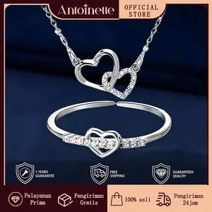 S925 Silver Kalung Dua Hati / Cincin Hati Cewek Cincin kawin Pasangan Tunangan Aksesoris  Anti karat Dan tidak luntur Adjustable