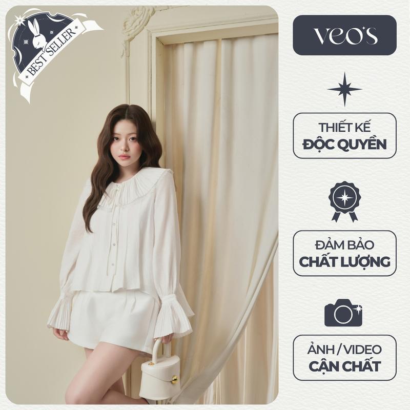   VEO'S  MIRAE SHIRT - Áo Sơ Mi Tơ Chất Tơ Dáng Suông Cổ Bèo Thiết Kế Tay Áo Cách Điệu Bồng Veo's Màu Trắng 