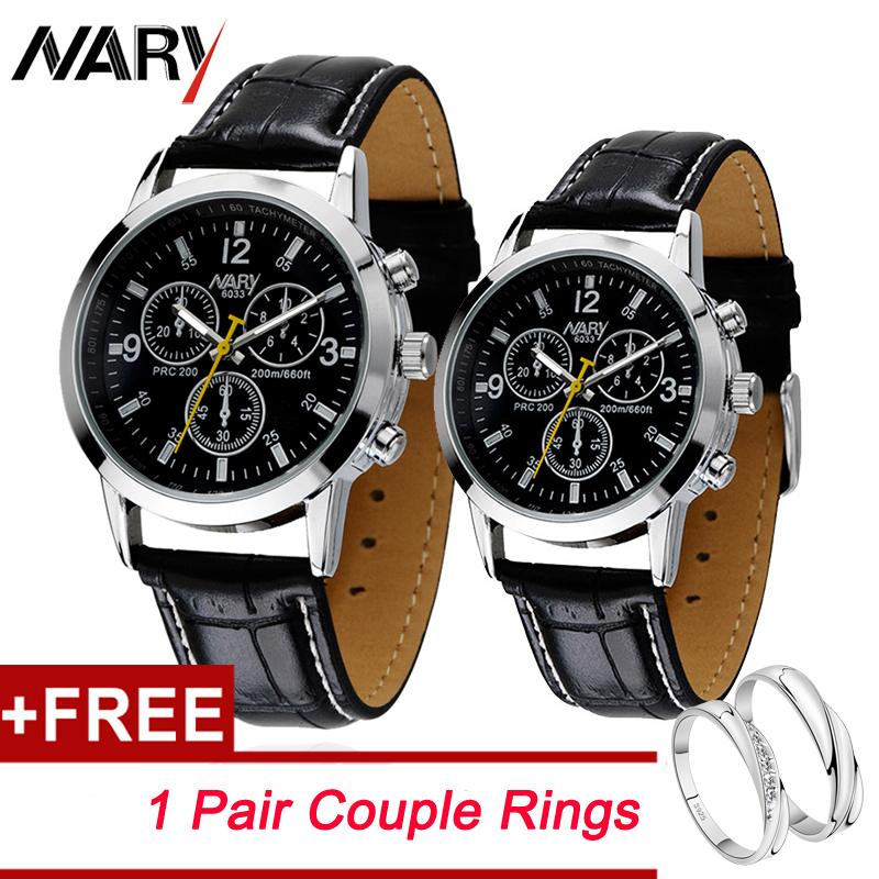 [Với Nhẫn Cặp Đôi] 2 cái / bộ Đồng hồ cặp đôi Nary Thời trang giản dị Không thấm nước Dạ quang Dây da Đồng hồ đeo tay  Đồng hồ thạch anh hãng cho nam giới Phụ nữ