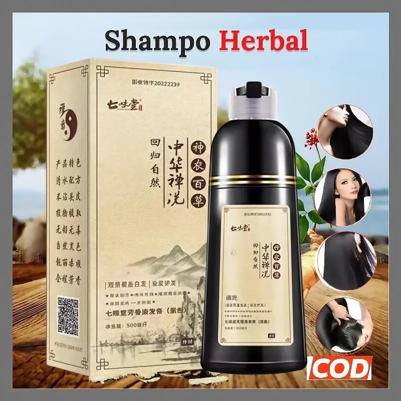 ZEIN Black Hair Shampoo Sampo Herba Penghitam Rambut tahan lamaPenutup dan perawatanUban 500ML Menghitamkan Pewarna Kering Hitam Rambut