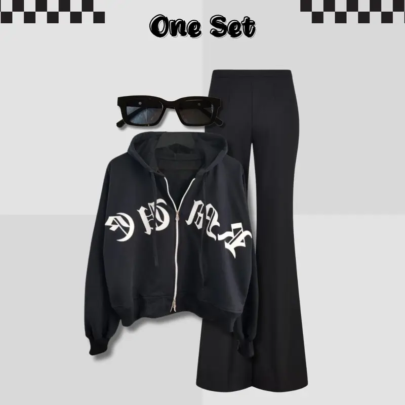 Baju Setelan Wanita Keren Cool Girl Outfit  Terbaru 2025 - Zipper Crop + Celana Cutbray Jeans |RD086| 2
