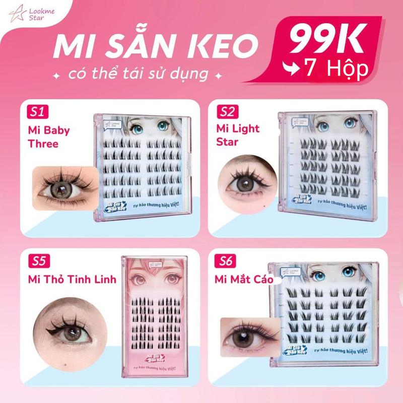 Lông Mi Giả Sẵn Keo Lookme Star- (7 hộp tặng nhíp + keo) - Mi Cong C, Sợi Mi Mảnh Có Thể Tái Sử Dụng, hàng Việt Nam Trang Điểm