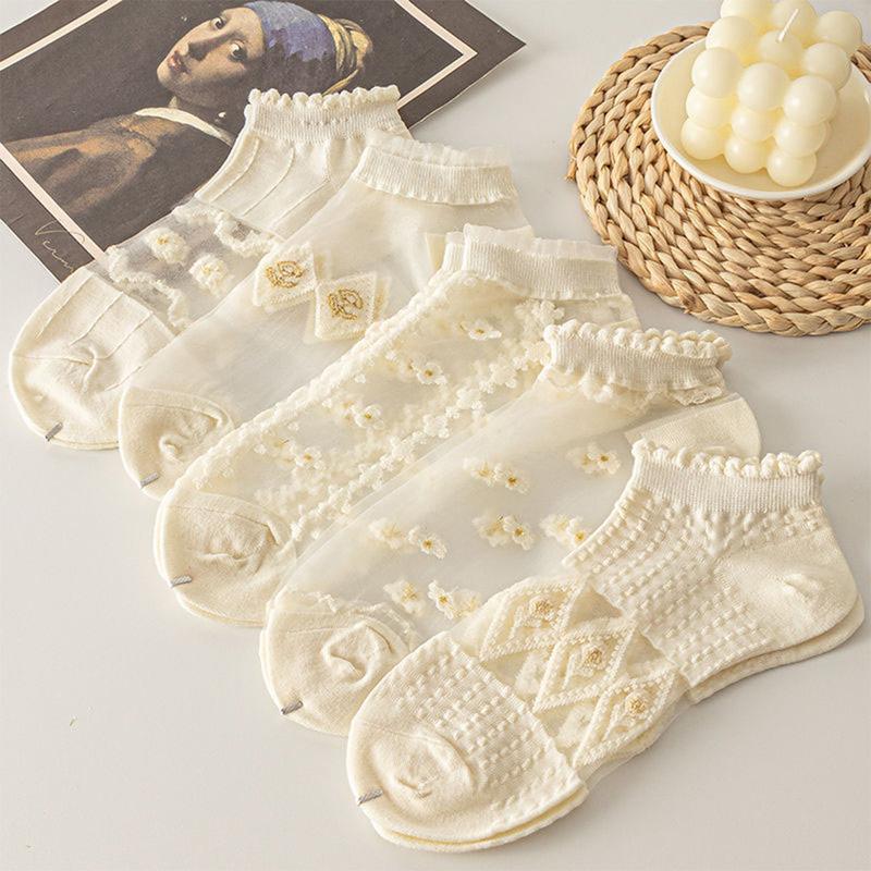 Tất Thuyền Vô Hình Màu Trắng, 5 Đôi, Lưới, Dành Cho Nữ, Tất Siêu Mỏng, Làm Bằng Lụa Pha Lê, Thích Hợp Cho Mùa Hè, Mỏng, Thiết Kế khoét rỗng Phong Cách Hoa Ngầu Và Thoáng Khí