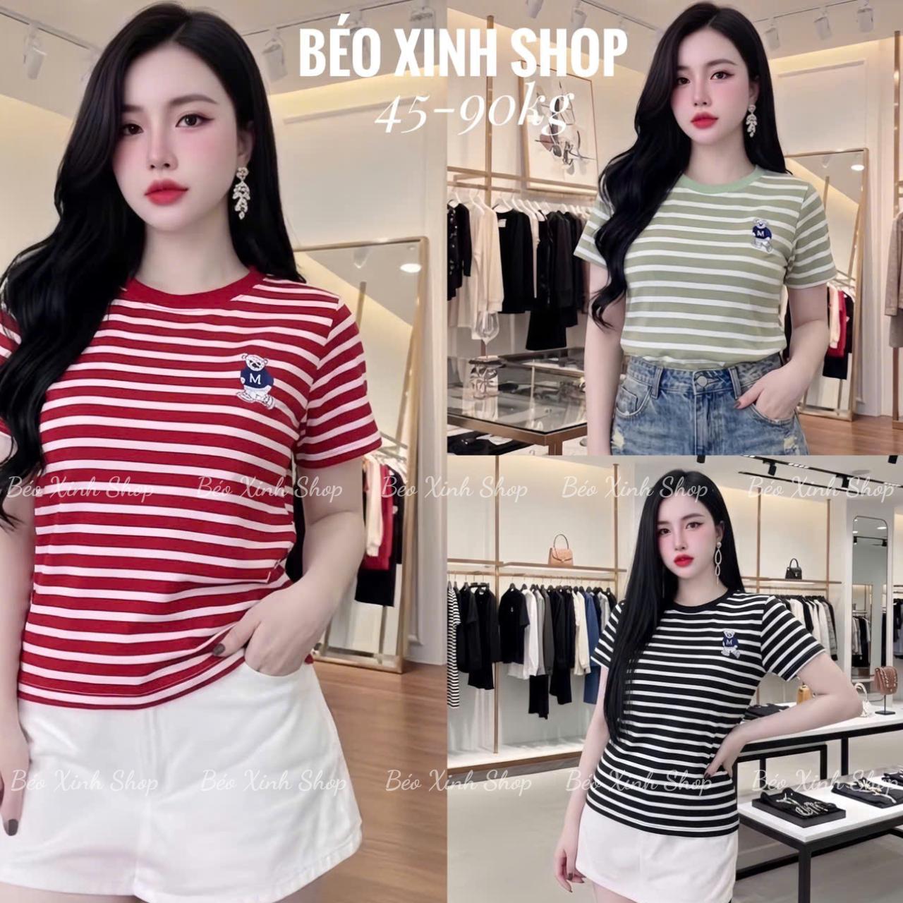 Bigsize Sài Gòn Áo Thun Nữ Cổ Tròn Vải Borit Sọc Thêu Gấu Cao Cấp Thanh Lịch Bigsize 45–90kg Dễ Thương Nữ Women Top Nhung - A.1764