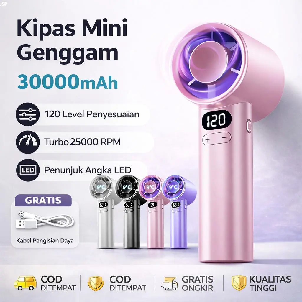 COD Mini Fan M11promax Kipas AnginPortable Genggam Strong CoolingTurbo Fan High Speed 120 Gear WindDigital Display Adjustable Wind30000mAh