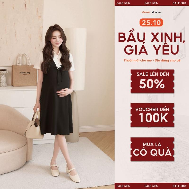 Váy Bầu LIZY DRESS Chất Liệu Chéo Ý Cao Cấp, Đầm Bầu Công Sở Giả 2 Lớp Phối Tơ Hàn Che Bụng Tốt - L'amme
