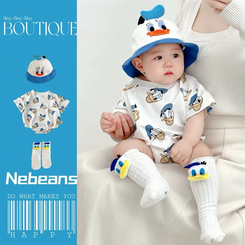 Donald Daisy Romper Set Topi + Kaos Kaki / Romper Jumper Bayi Laki Perempuan Karaktek Lucu 1