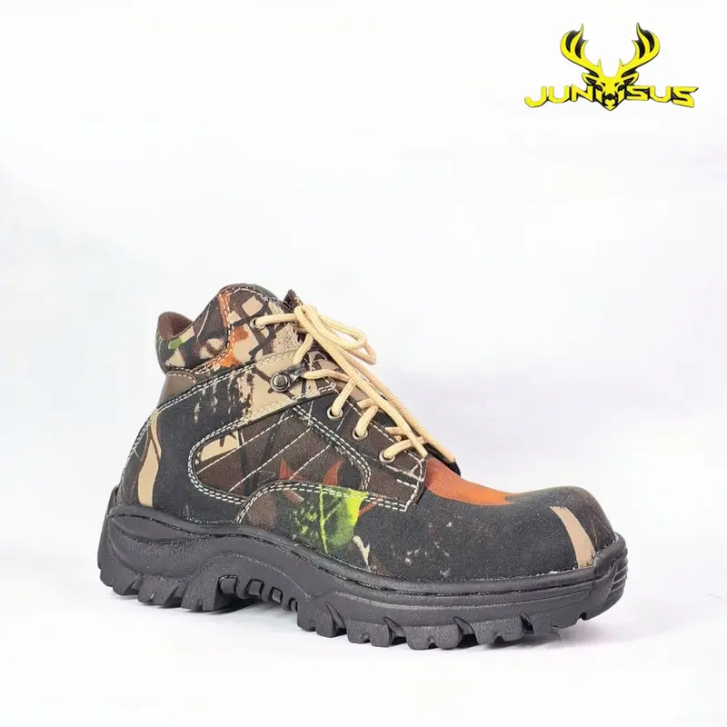 JUNSUS Sepatu Safety Pria Boots Camo Ujung Besi Untuk Ridding Hunting Kegiatan Outdoor Sol Rubber Anti Slip Tinggi 6inch 2