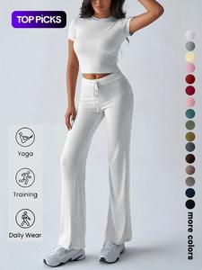 Conjunto de dos piezas de manga corta para mujer, camiseta corta informal de cuello redondo y pantalones de cintura alta con cordón para el día a día, ropa de verano para mujer