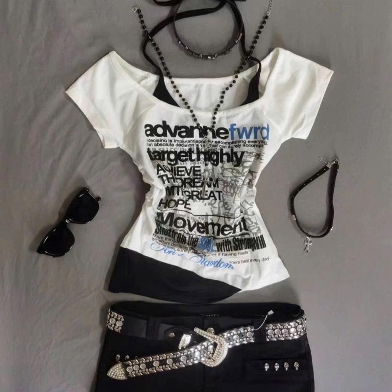 Áo thun kiểu y2k cổ yếm cột trễ vai giả 2 mảnh tay ngắn in chữ