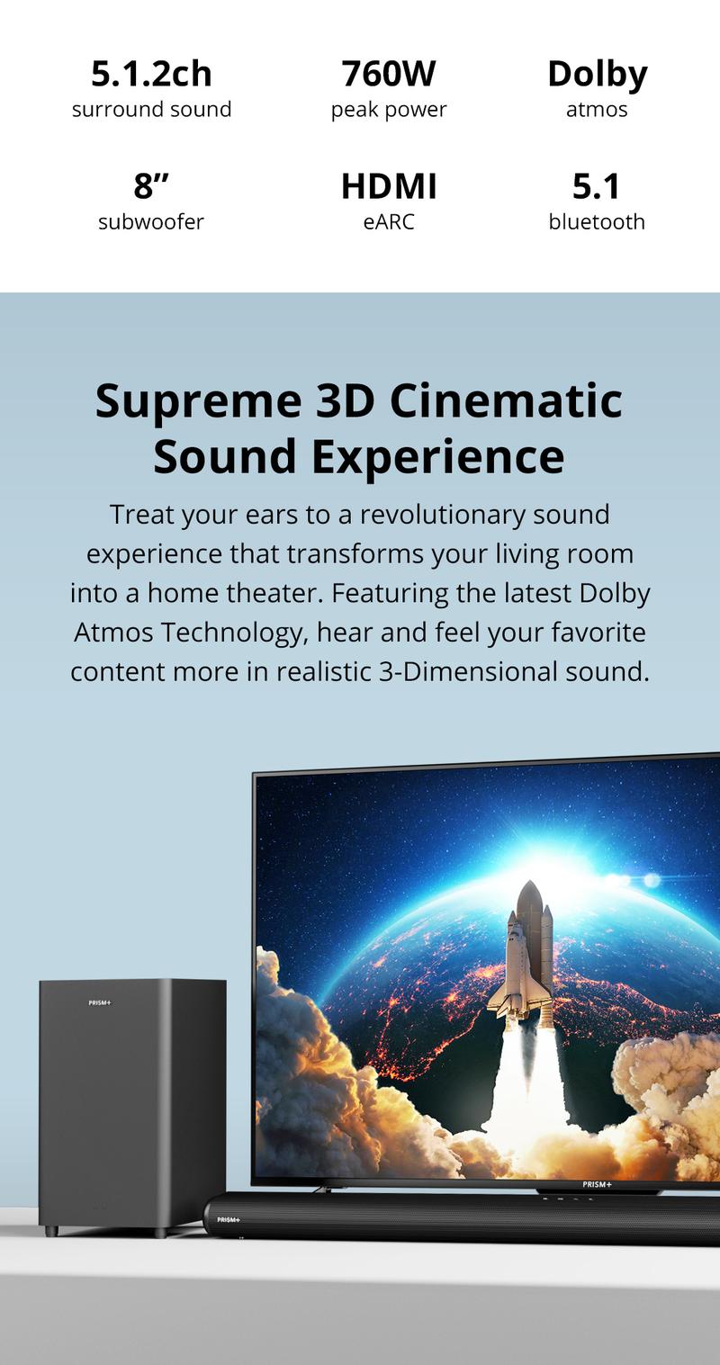 Product Introduction of PRISM+ Symphony 5.1.2ch Soundbar with Dolby Atmos | 760W | Wireless Subwoofer | Wireless Music Streaming | Bluetooth 5.0 Audio Speakers 0