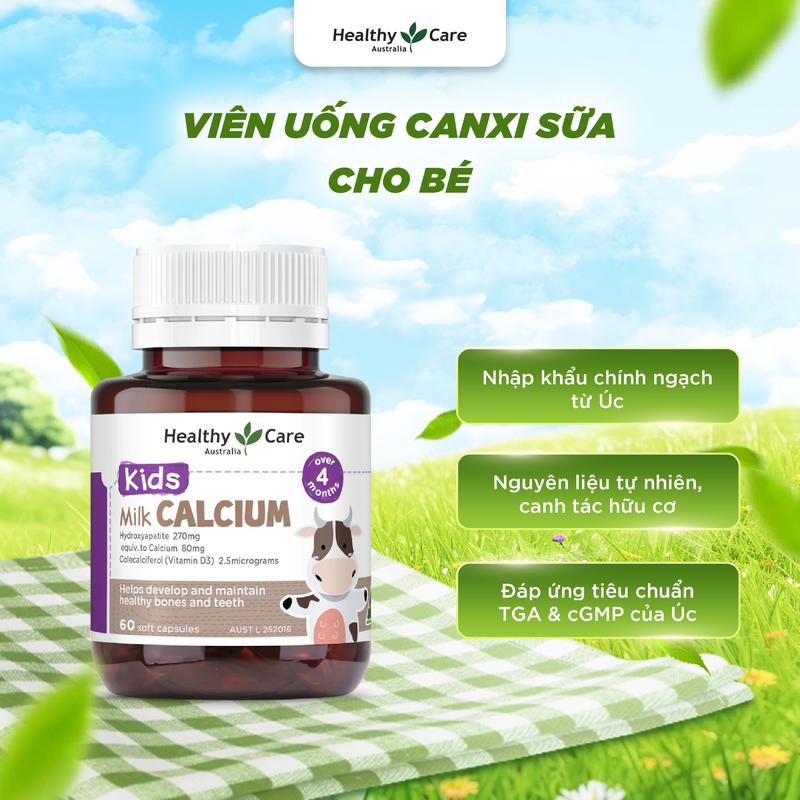 Viên uống Canxi sữa Healthy Care Kids Milk Calcium 270mg 60 viên  - Bổ sung Canxi và Vitamin D3, hỗ trợ phát triển xương và răng cho bé.