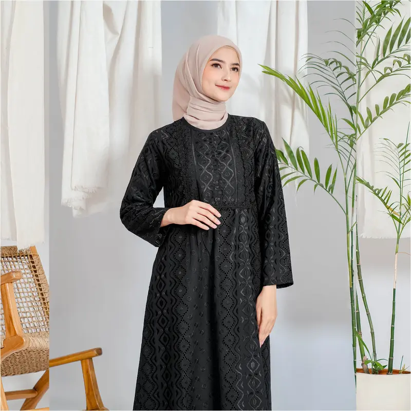 Gamis Elmira Katun Silk Renda Full 723 - Gamis Katun Hitam Muslim untuk Haji Ihrom - Perlengkapan Haji by ARIVA 6