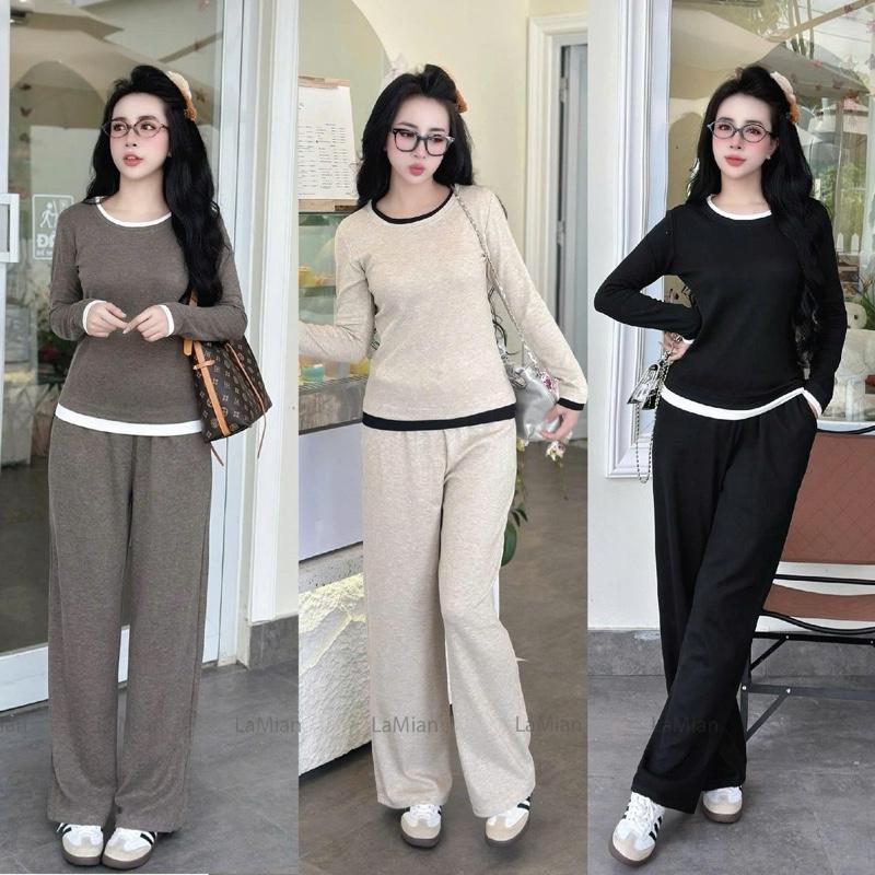 LA MIAN - Set Bộ Quần Áo Chất Len Lông Thỏ Cổ Tròn Phối Viền Trơn Quần Xuông Form Vừa Mềm Mịn Ấm Áp Mặc Ở Nhà Đi Chơi Đa Năng