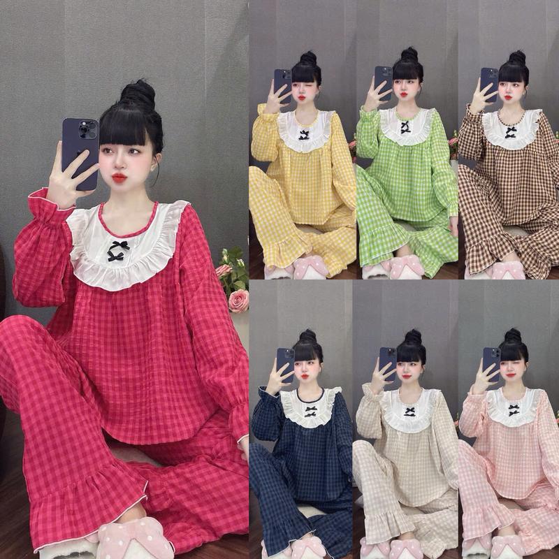  Đồ bộ tay dài tiểu thư lụa đũi karo size dưới 60kg  bộ ngủ măc nhà thoải mái  đồ bộ nữ lụa đũi karo  đồ bộ pijama nữ tay dài  bộ mặc nhà dể thương 