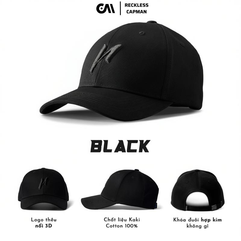  RecklessCapman - Nón Lưỡi Trai Đen Trơn Logo Thêu 3D Nổi Bật Hat Cotton Mũ Kaki Vải 100% Cotton Kích Thước 56cm Khóa Điều Chỉnh Thoáng Khí Phù Hợp Ngoài Trời 