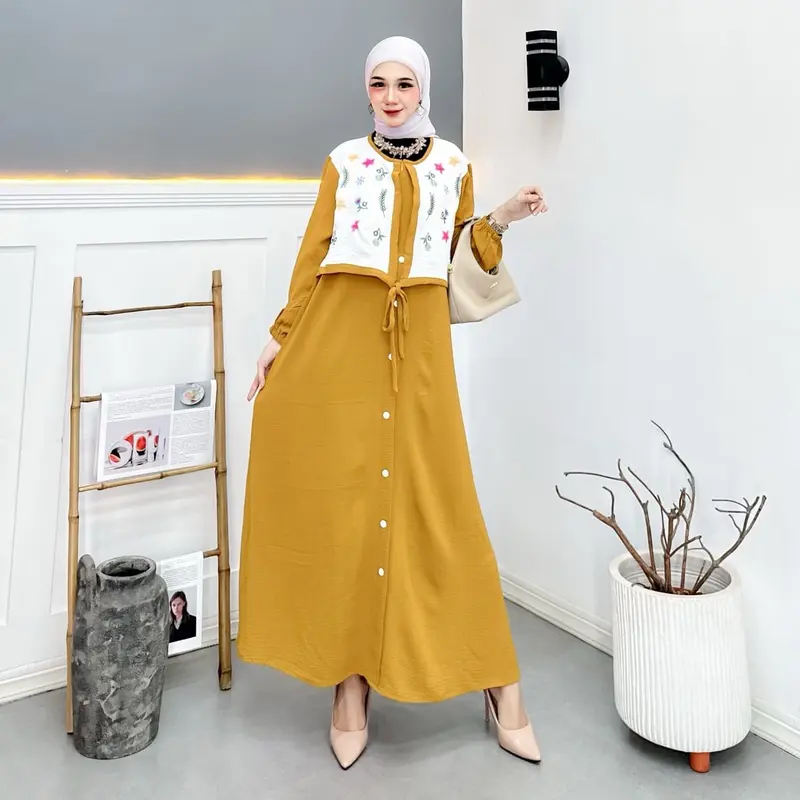 Gamis Rompi Bordir Wanita Terbaru Gamis Crinkle Airflow Pakaian Muslim Mewah 6