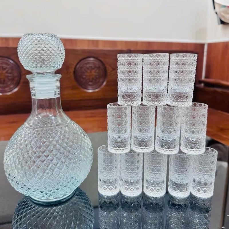 Bộ ly thủy tinh trong suốt ly rượu 20ml hoa vân nổi ly kim cương Bình rượu 1000ml