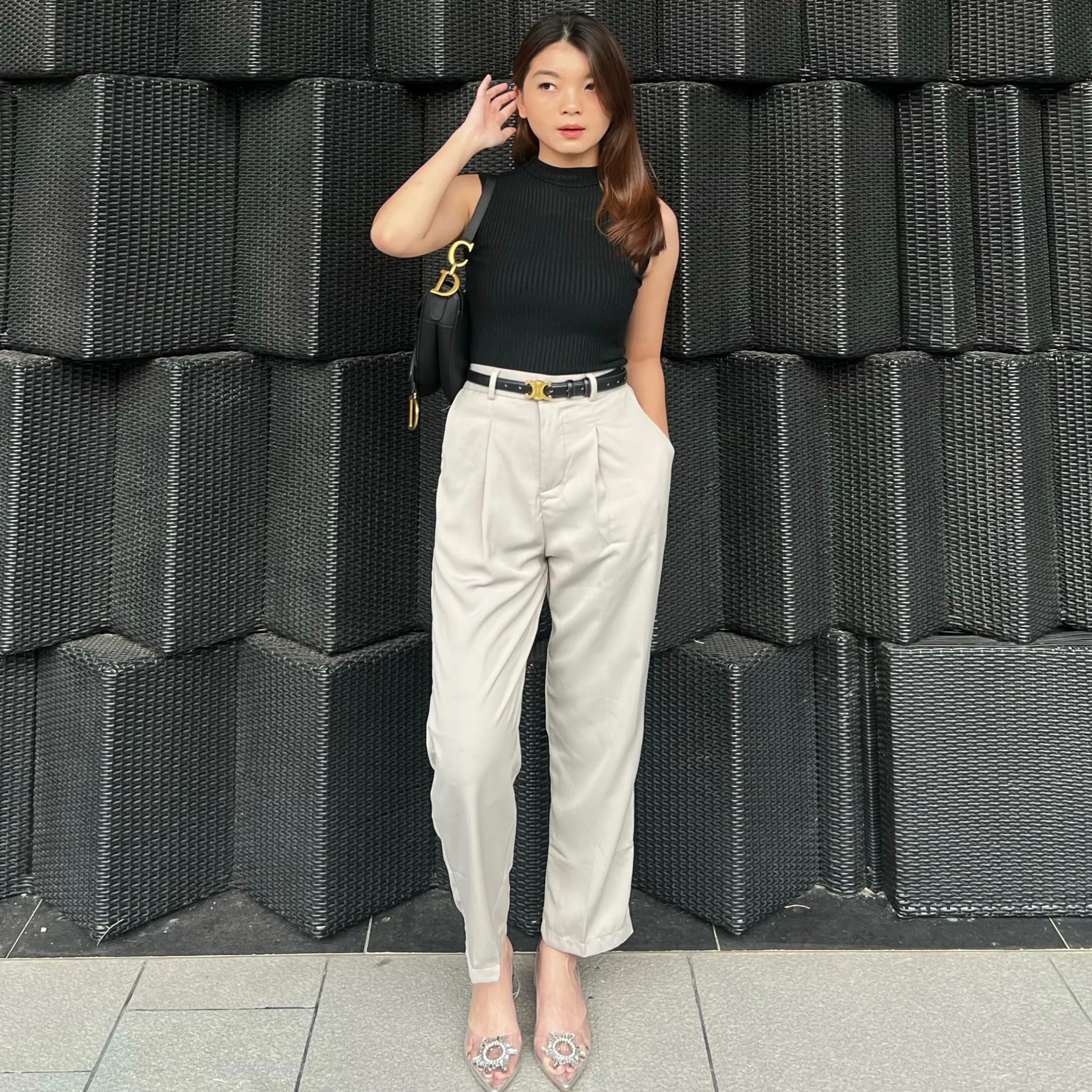 KLEOVA | Jean Celana Ankle Pants Trousers Wanita - Bahan Kain Tebal Jatuh Flowy - High Waist Outfit Formal Casual Wanita Pinggang Karet Elastis Jumbo - Angkle Petite Size - Celana Panjang Kerja Wanita Kantor Kancing