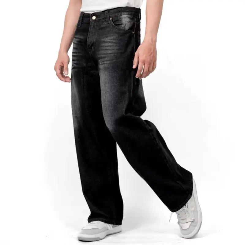 (UNISEX) Celana Jeans Wide Leg Wisker Lebar Gombrong Skena Black -Basic Baggy Pants Hitam - Panjang Pria Denim Straight - Non  Stretch - Non  Slim Fit 2