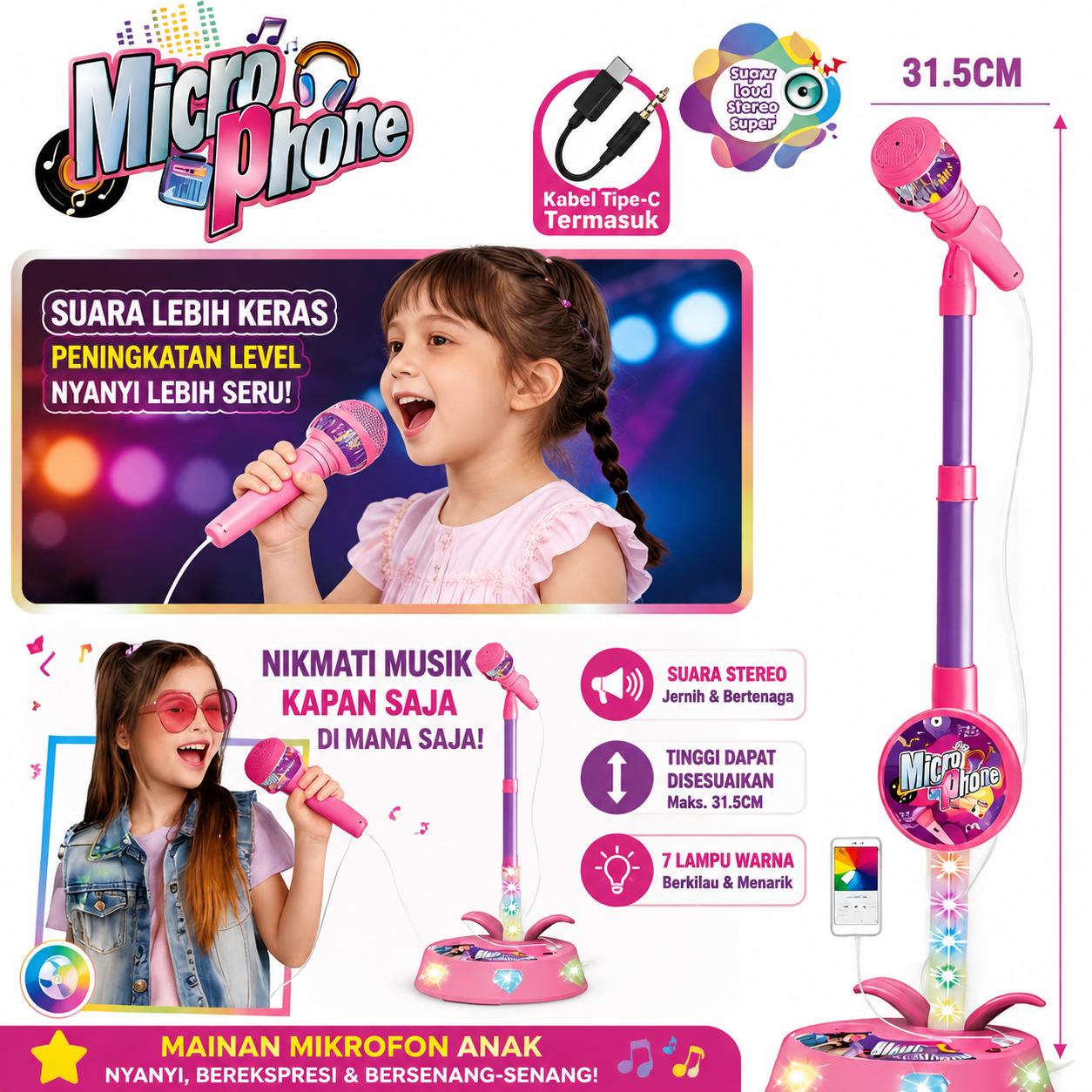 Mikrofon Karaoke Anak LED + Stand, Mainan Bernyanyi Anak Perempuan Laki-laki, Lampu 7 Warna, Kualitas Suara Jernih, Kabel Type-C Mikrofon Karaoke Anak LED + Stand, Mainan Bernyanyi Anak Perempuan Laki-laki, Lampu 7 Warna, Kualitas Suara Jernih, Kabel Type-C