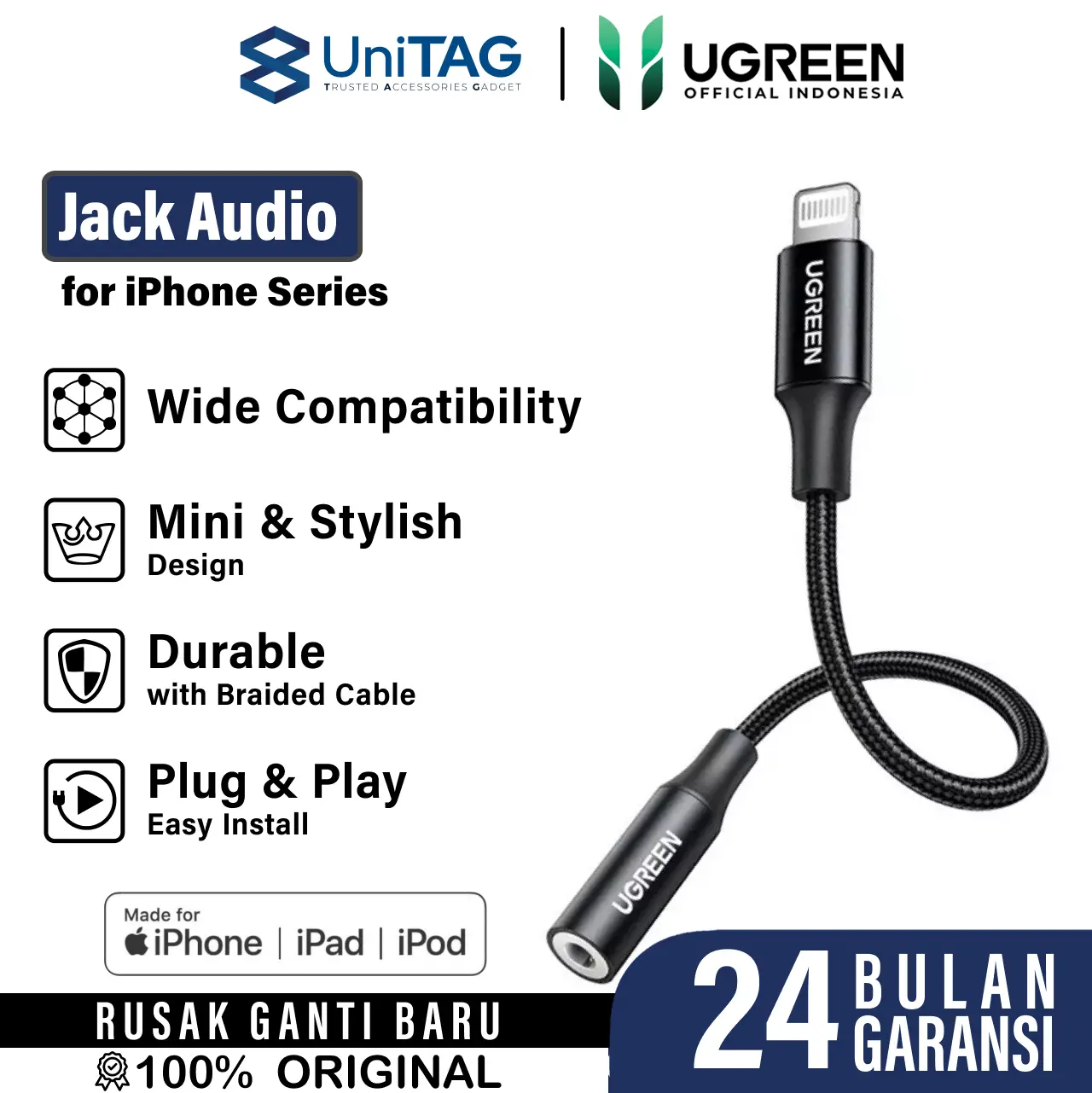 UGREEN Kabel Adapter Converter iPhone 14 13 12 11 XS XR X Pro Max 8 7 Plus iPad Lightning to Audio Jack 3.5mm MFi Cable