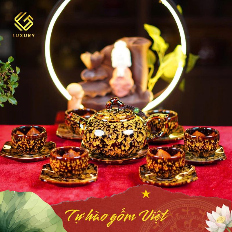 VIP Bộ Ấm Chén Quả Hồng Hoàng Kim Sa Ánh Vàng Nghệ Nhân Nguyễn Văn Hải - Ấm Chén Bát Tràng - Gốm sứ Luxury