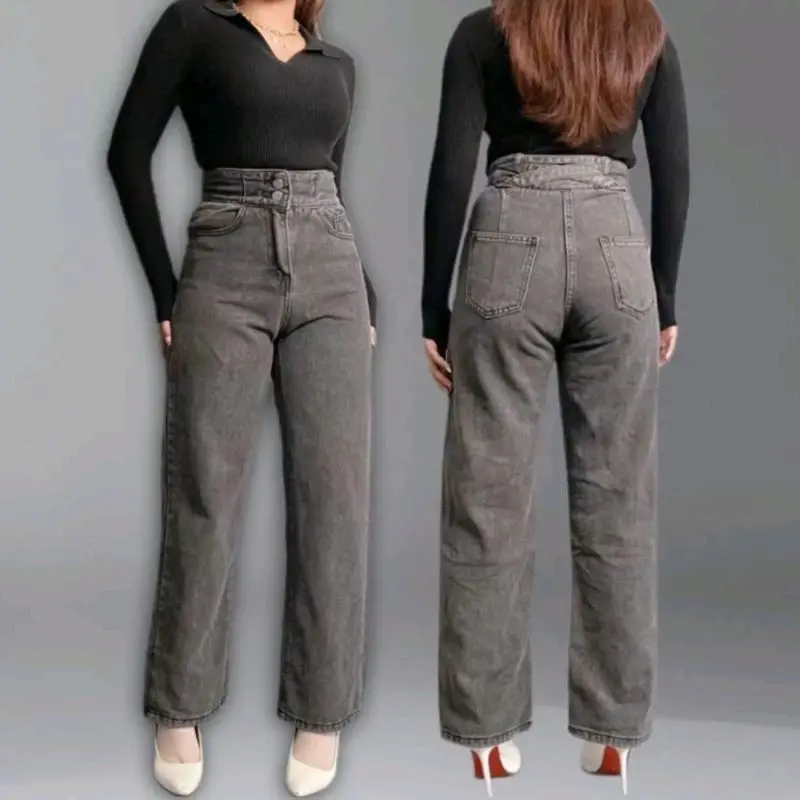 Celana Jeans Wanita Celana Korean Style wanita jeans high waist wanita Kulot 2 Kancing Belakang Silang