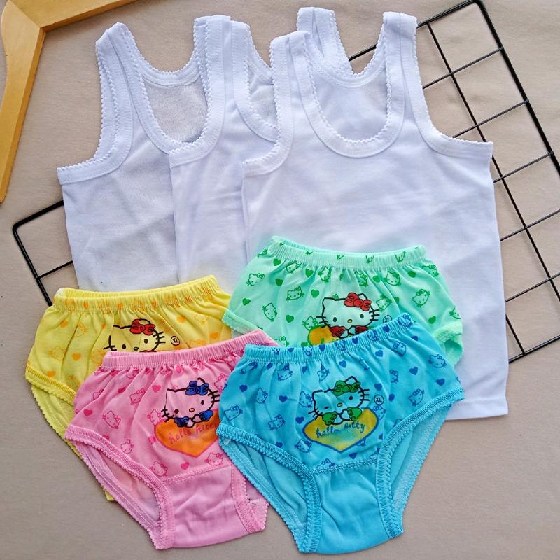 Paket 3Stel dan  6 Stel  Celana Dalam Anak Bayi Perempuan dan  Singlet Anak-Kaos Dalam Bayi Cewek  Fashion Motif Hello kity 4