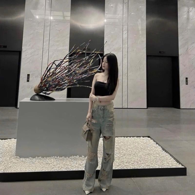   S-XL  Sunstyle Quần jean beggy nữ cạp cao quần jean rách kiểu dáng skinny chất denim thời trang 2024 tôn dáng BG 35 Women Pants Có Túi   Không Co dãn dưới 60kg   