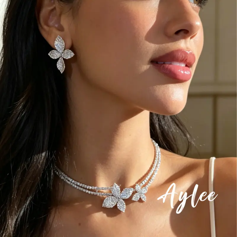 [Aylee] Set kalung anting bunga berlian penuh  pakaian sehari hari yang indah Y1128