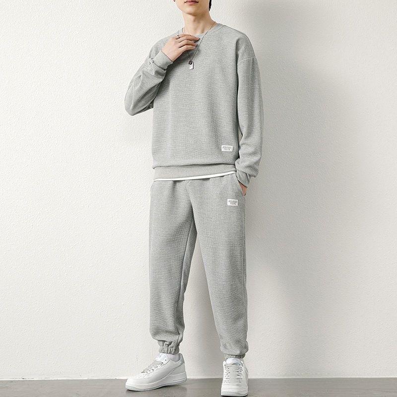 Product Introduction of Waffle Sweater Suit Loose Casual Autumn and Winter New round Neck Men's Long-Sleeved Trousers Teen Clothes 4
