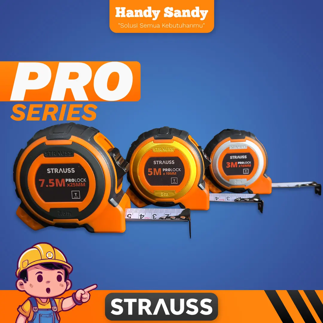 STRAUSS Meteran PROLOCK | Super Kuat 3M - 5M - 7.5M - Super Kuat - Grip Ergonomis Karet Anti Selip