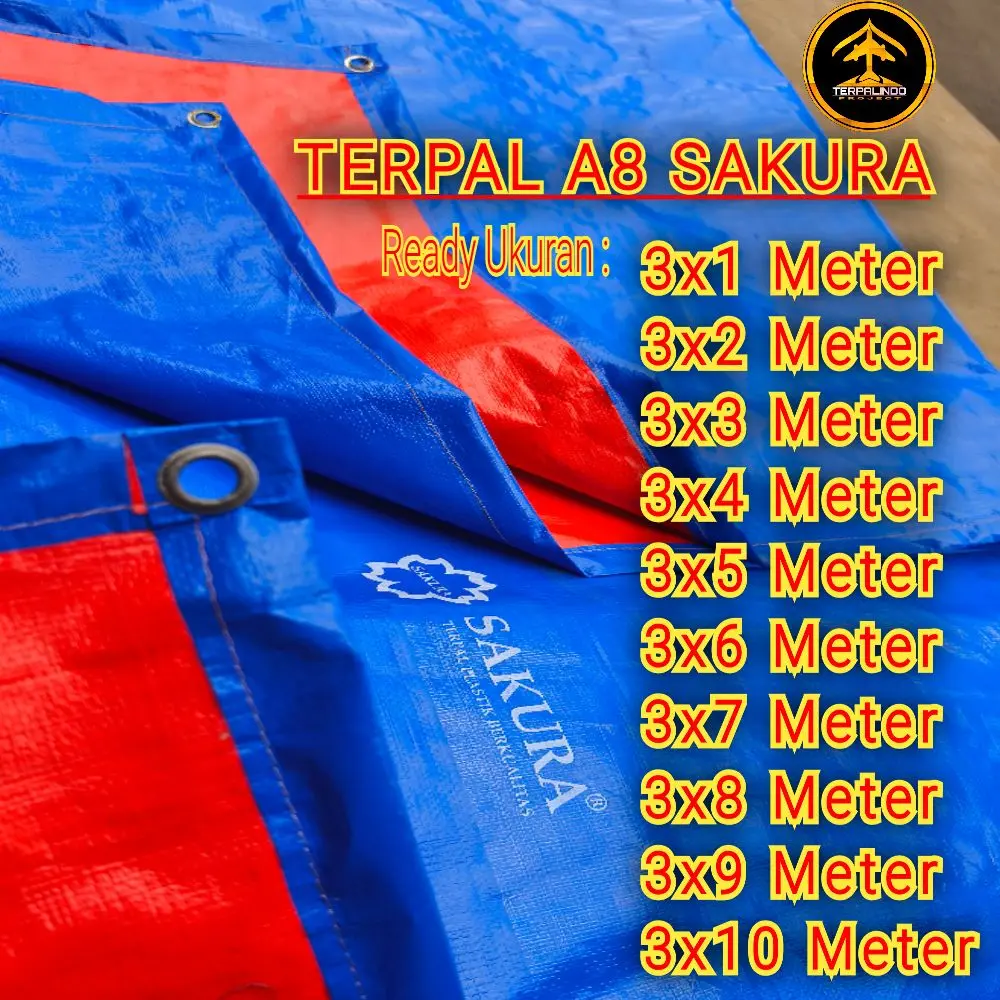 Terpal A8 Sakura Kualitas Tebal Ukuran 3x1 - 3x10 Meter dengan Kancing/Ring Tiap Meter untuk Penutup Bak Mobil/Bangunan/Warung/Kendaraan/Alas Duduk/Tampias Warna Biru Orange Camping Outdoor