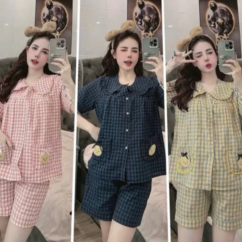 (CombO 1-3Set) Cổ Bèo túi gấu,vải Thô kẻ Mát áo cộc quần đùi Xinh, (40-60kg)