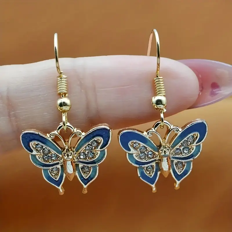 Exquisite Blue Enamel Butterfly Design Shiny Zircon Decor Dangle Earrings Elegant Sexy Style Trendy Female Gift