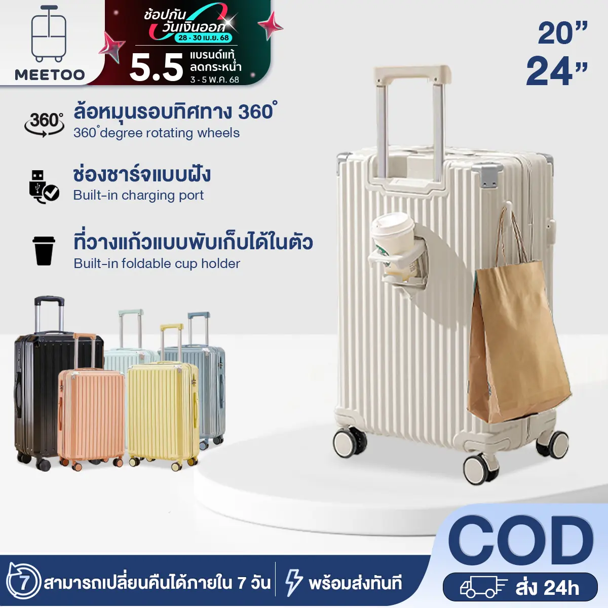 MEE TOO กระเป๋าลาก Weekender Bags 20/24นิ้ว รุ่น COOLLIFE วัสดุ PC+ABS แข็งแรงทนทาน ล้อลากคู่360เข็นลื่น ระบบLock 3 รหัสปิ้ง school bags