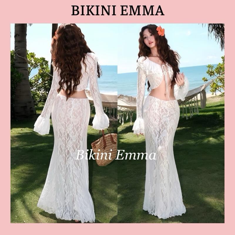 EMMA Set Đi Biển Áo Croptop Tay Loe, Váy Dài Đuôi Cá Tôn Dáng