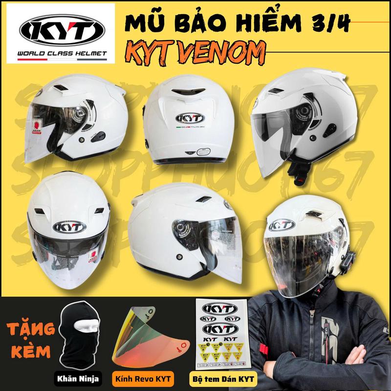 ( Chính hãng KYT) Mũ bảo hiểm 3/4 2 kính KYT Venom màu Trắng bóng tặng 1 kính revo, 1 khăn ninja, bộ tem kyt, túi chính hãng