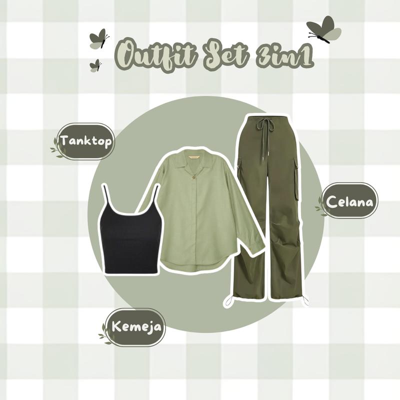 Oneset 3 in 1 Ootd Wanita Hijab Korean Style ( Kemeja Sage Green Celana Cargo Outfitset ) - AH43 Setelan Basic Casual Kombinasi Katun Panjang Loose Rayon Baju Formal Tangan Atasan Pendek Hitam Oversize 2